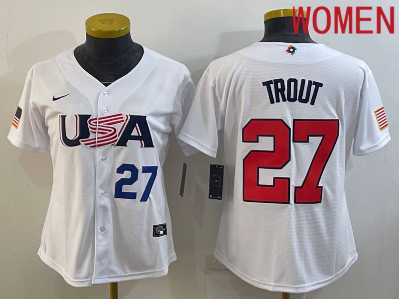 Women 2023 World Cub USA 27 Trout White Nike MLB Jersey5
